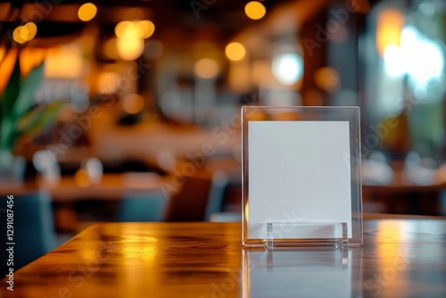Wallpaper Mural blank white acrylic menu holder sits atop an empty table in the foreground, with a blurred restaurant background. Torontodigital.ca