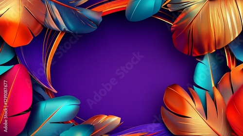 Colorful metallic leaves frame, purple background, design template