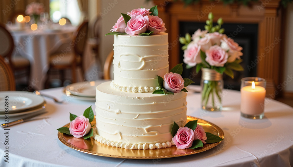 Fototapeta premium A three-tiered wedding cake adorned with fresh pastel roses and pearl accents, creating a perfect centerpiece for a spring wedding reception.
