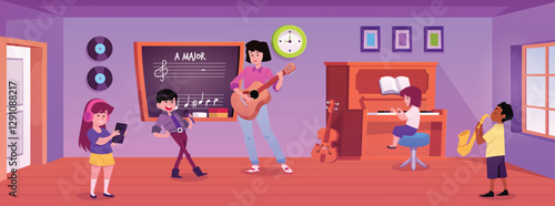 Music class learning vector illustration, kids playing on piano, saxophone and singing, woman with guitar in classroom