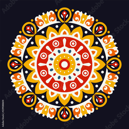 Traditional Folk Art Pattern with Decorative Ornamental Sun. A vibrant vector illustration featuring a symmetrical folk art design for Maslenitsa. Inspired by Slavic traditional motifs