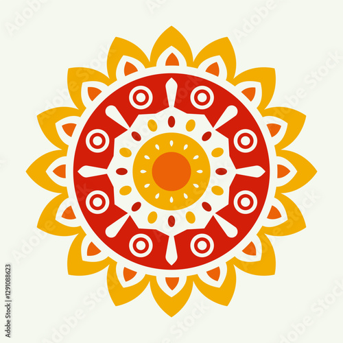 Traditional Folk Art Pattern with Decorative Ornamental Sun. A vibrant vector illustration featuring a symmetrical folk art design for Maslenitsa. Inspired by Slavic traditional motifs