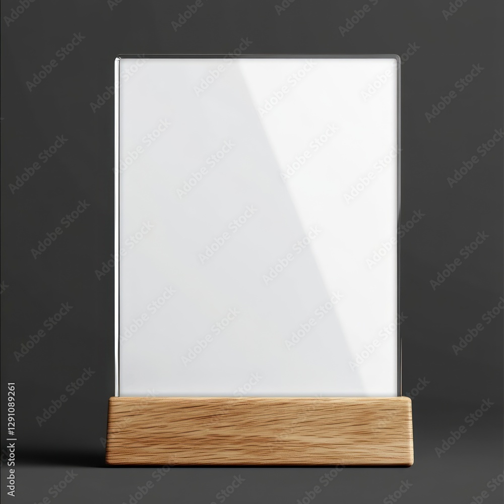 Naklejka premium White blank menu holder with a wooden base mockup on a transparent background, no text or design in the white part of the stand, front view, simple composition.