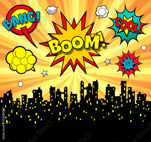 Comic book style background exploding over city at night