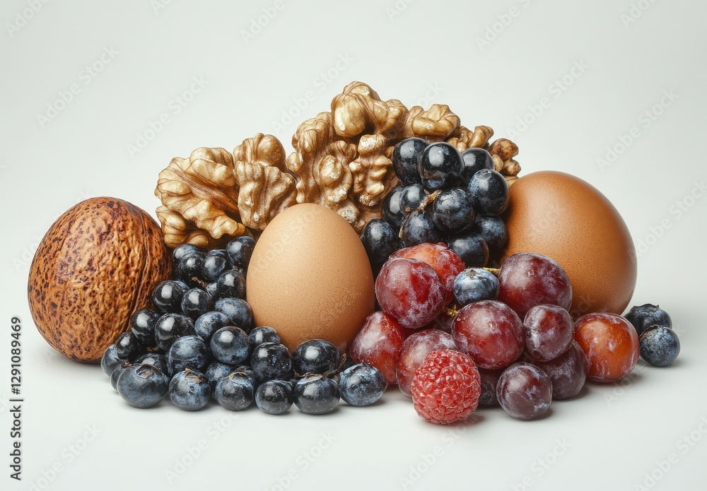 A Stunning Arrangement of Fresh Fruits, Nuts, and Eggs on a Neutral Background for Culinary and Health Related Projects A Stunning Arrangement of Fresh Fruits, Nuts, and Eggs on a Neutral Background for Culinary and Health Related Projects