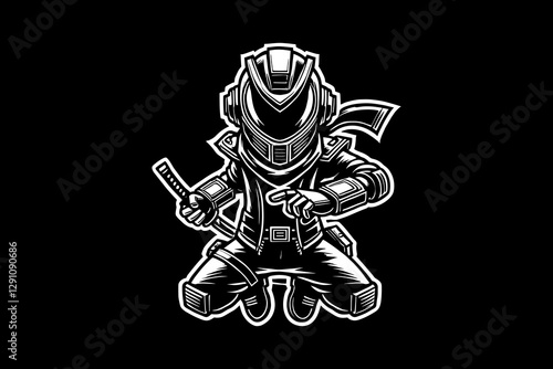 Futuristic ninja kid cyberpunk dark art black and white illustration design