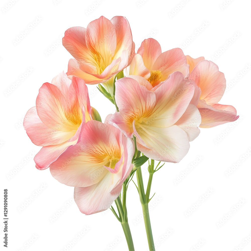 Fototapeta premium Beautiful freesia flower bouquet isolated on transparent background showcasing delicate petals and vibrant colors, freesia flower isolated on transparent background