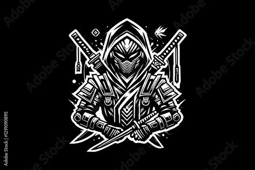 Futuristic ninja kid cyberpunk dark art black and white illustration design