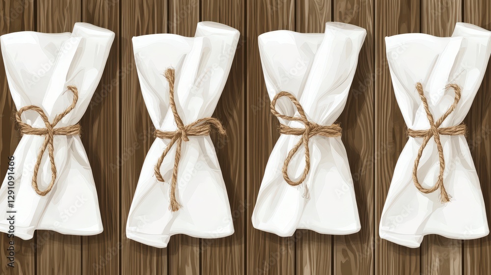 Rustic White Cloth Bundles Tied with Rope on Wooden Background. Perfect for Restaurant or Home Decor. Elegant and Simple Design. Country Style Tablecloth Display. Rustic White Cloth Bundles Tied with Rope on Wooden Background. Perfect for Restaurant or Home Decor. Elegant and Simple Design. Country Style Tablecloth Display.