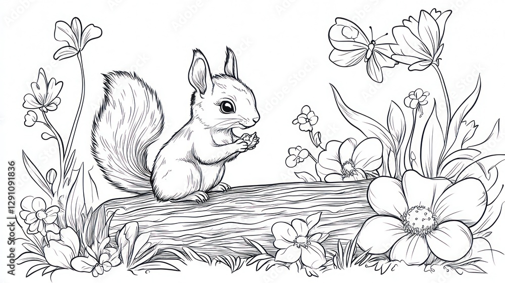 Naklejka premium Cute squirrel eating nut in garden scene