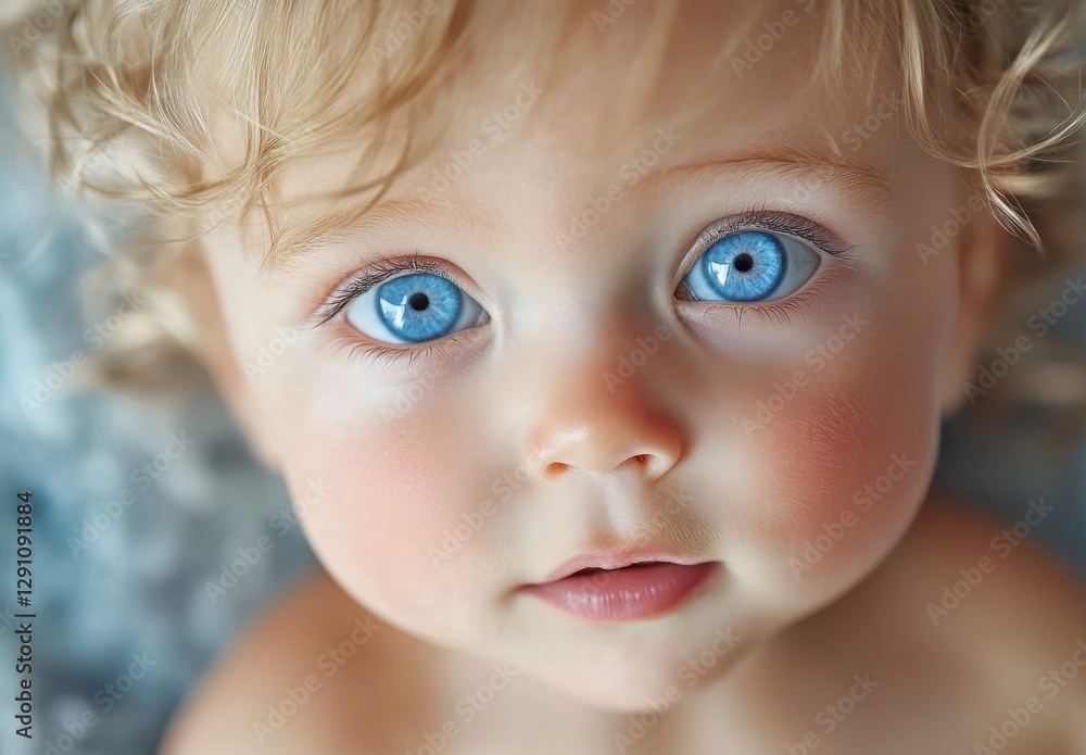 Adorable baby with curly blonde hair and striking blue eyes gazing directly at the camera, showcasing youthful innocence and charm in a soft, light setting Adorable baby with curly blonde hair and striking blue eyes gazing directly at the camera, showcasing youthful innocence and charm in a soft, light setting