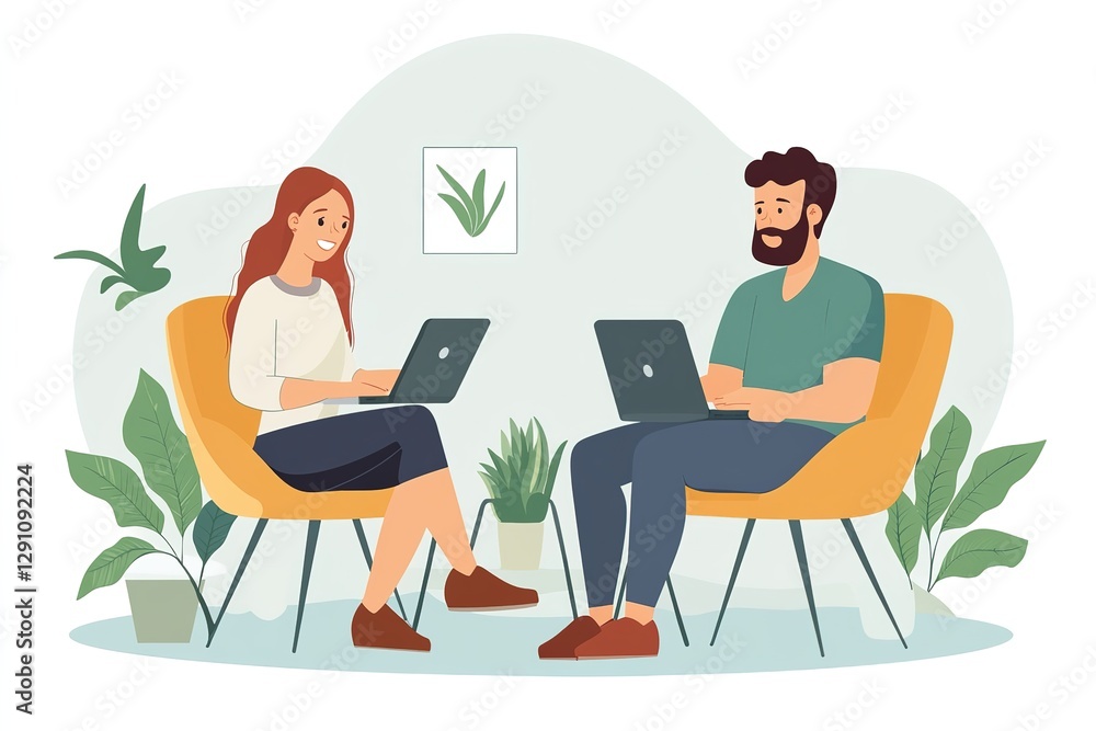 Job interview. Vector flat modern illustration of a man talking to a young woman with laptop. Isolated on background , 8k image Job interview. Vector flat modern illustration of a man talking to a young woman with laptop. Isolated on background , 8k image