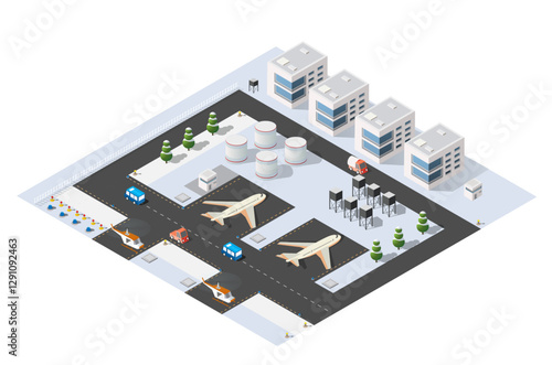 Winter airport with airplanes, fuel tanks, buses and helicopters waiting for passengers