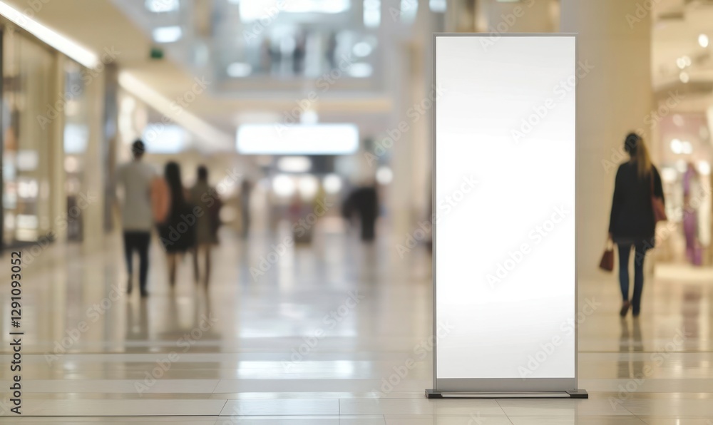 blank white roll-up banner standing in the middle of an empty shopping mall, with people walking around blurred out. The background is a neutral light beige color, giving it a clean and modern look. blank white roll-up banner standing in the middle of an empty shopping mall, with people walking around blurred out. The background is a neutral light beige color, giving it a clean and modern look.