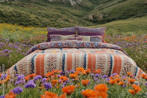 A duvet cover and pillows with an orange, cream, and blue patterned design rest on a bed situated in a field of purple and orange wildflowers against a backdrop of rolling hills photo