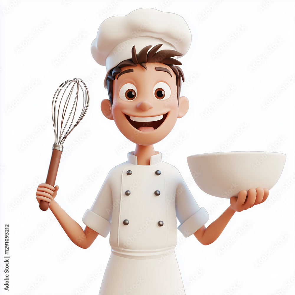3D rendered cartoon chef with a mixing bowl in one hand and a whisk in the other on a plain white background. 3D rendered cartoon chef with a mixing bowl in one hand and a whisk in the other on a plain white background.