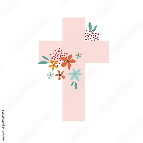 easter cross with spring wild flowers. baptism cross icon. meadow flowers, summer field florals, Christian religious card.