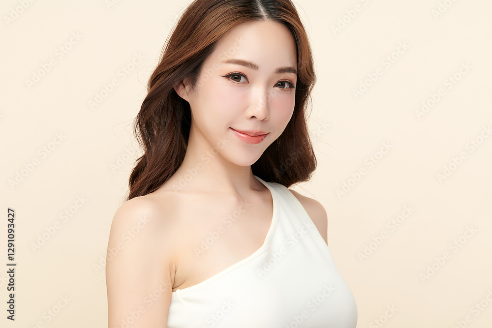 Beautiful young asian woman with clean fresh skin on beige background, Face care, Facial treatment, Cosmetology, beauty and spa, Asian women portrait. Beautiful young asian woman with clean fresh skin on beige background, Face care, Facial treatment, Cosmetology, beauty and spa, Asian women portrait.
