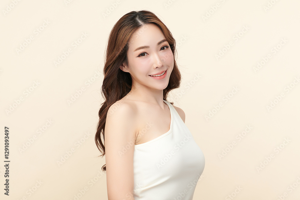 Beautiful young asian woman with clean fresh skin on beige background, Face care, Facial treatment, Cosmetology, beauty and spa, Asian women portrait. Beautiful young asian woman with clean fresh skin on beige background, Face care, Facial treatment, Cosmetology, beauty and spa, Asian women portrait.