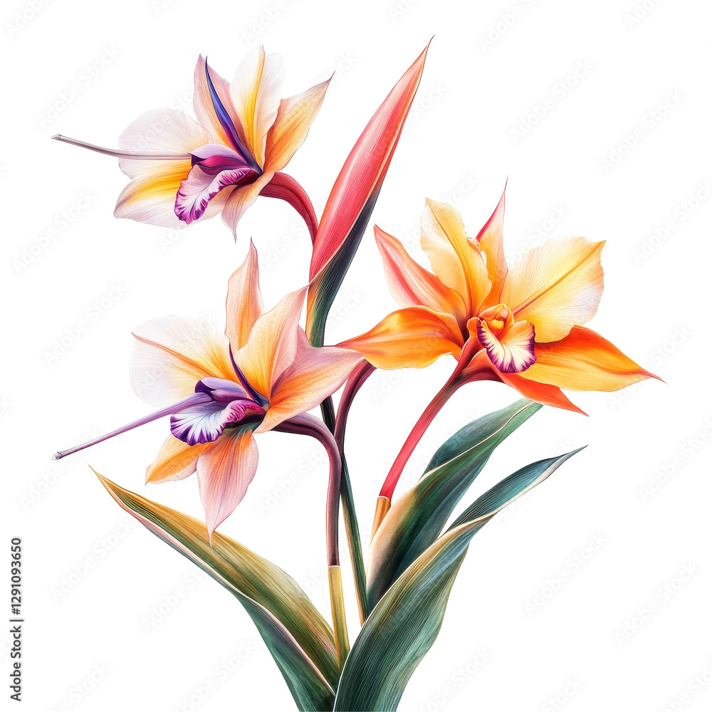 Fototapeta premium Elegant bird of paradise orchids with vibrant colors isolated on a transparent background, orchids, bird of paradise isolated transparent background