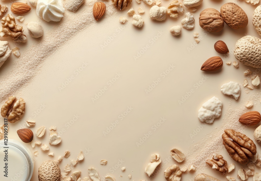 Obraz premium Aesthetic Flat Lay of Various Nuts and Creamy Ingredients on a Solid Background Perfect for Healthy Eating and Culinary Inspiration