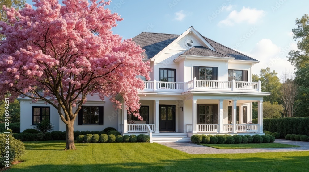 Beautiful white house with pink sakura tree in front of it Beautiful white house with pink sakura tree in front of it