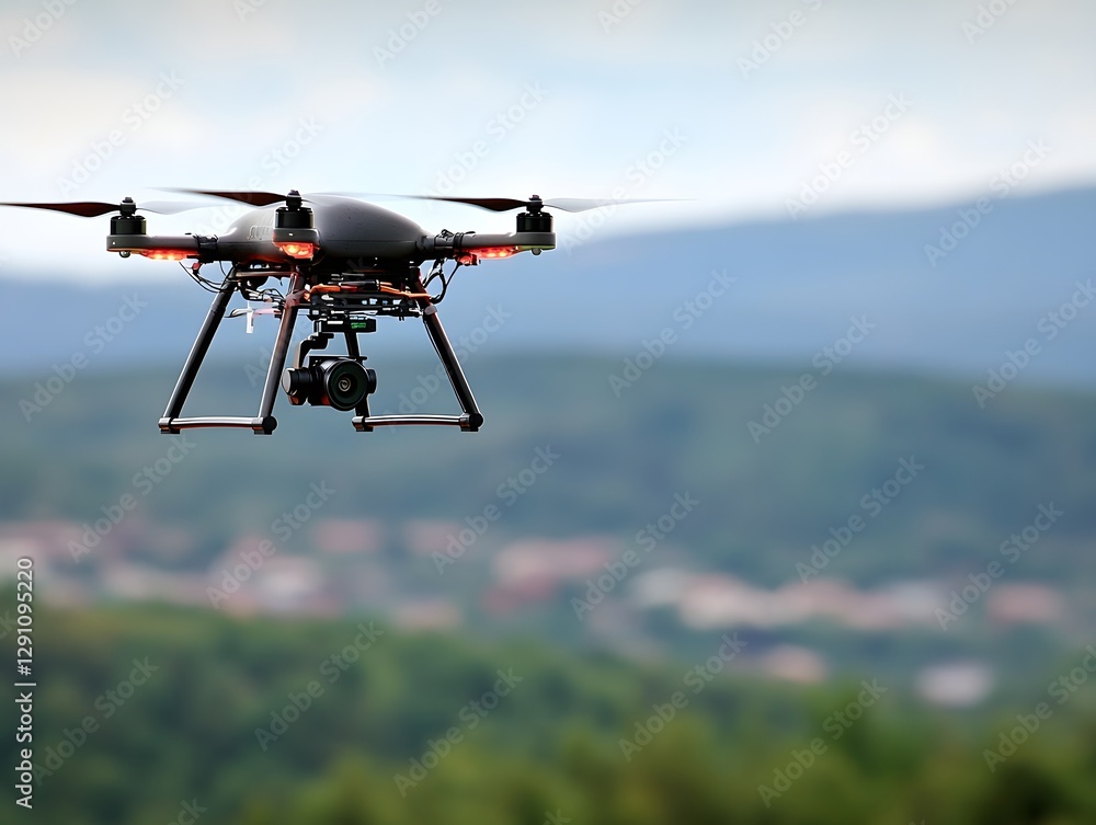 A drone captures aerial views over a lush green landscape with distant mountains and a village A drone captures aerial views over a lush green landscape with distant mountains and a village