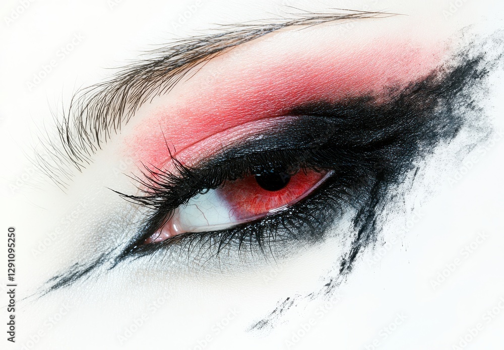 Naklejka premium Artistic Close-Up of a Dramatic Eye Makeup with Bold Red and Black Colors, Expressive Eyelashes and Unique Color Blending Techniques