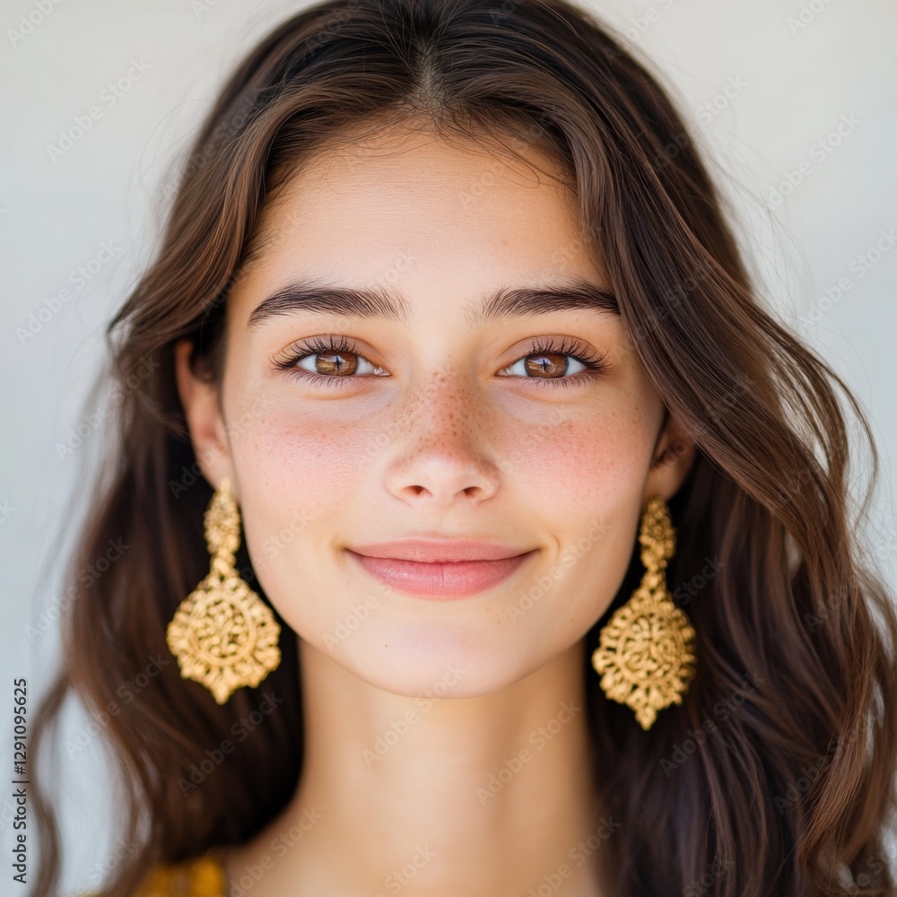portrait of smiling woman with brown hair and gold earrings portrait of smiling woman with brown hair and gold earrings