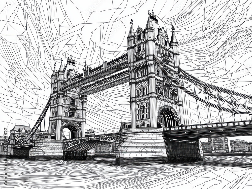 Obraz premium Tower Bridge in London illustrated with bold structured lines, showcasing its iconic architecture against dynamic sky. This artwork captures essence of landmark beautifully