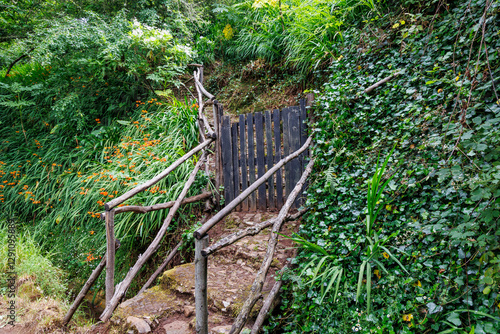 Obraz na płótnie Stone steps next to footpath along irrigation channel called levada in Camacha city on Madeira Island, Portugal w salonie