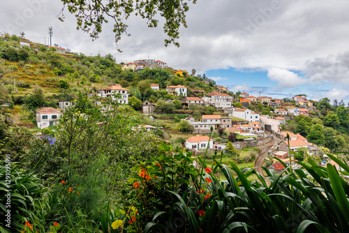 Obraz na płótnie View from footpath along irrigation channel called levada in Camacha city on Madeira Island, Portugal w salonie