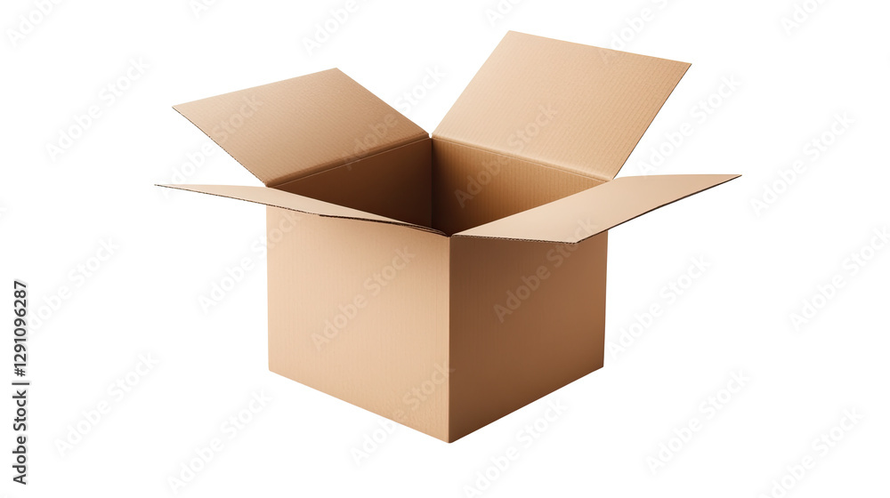 A simple cardboard box, open and empty, perfect for packaging, organizing, or moving items in modern settings. A simple cardboard box, open and empty, perfect for packaging, organizing, or moving items in modern settings.