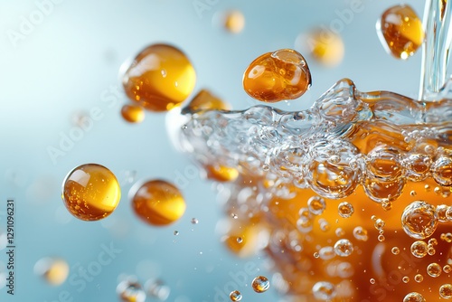 Vitamin E serum: Nourishing skin capsules Bubbles and droplets in a refreshing beverage close-up.