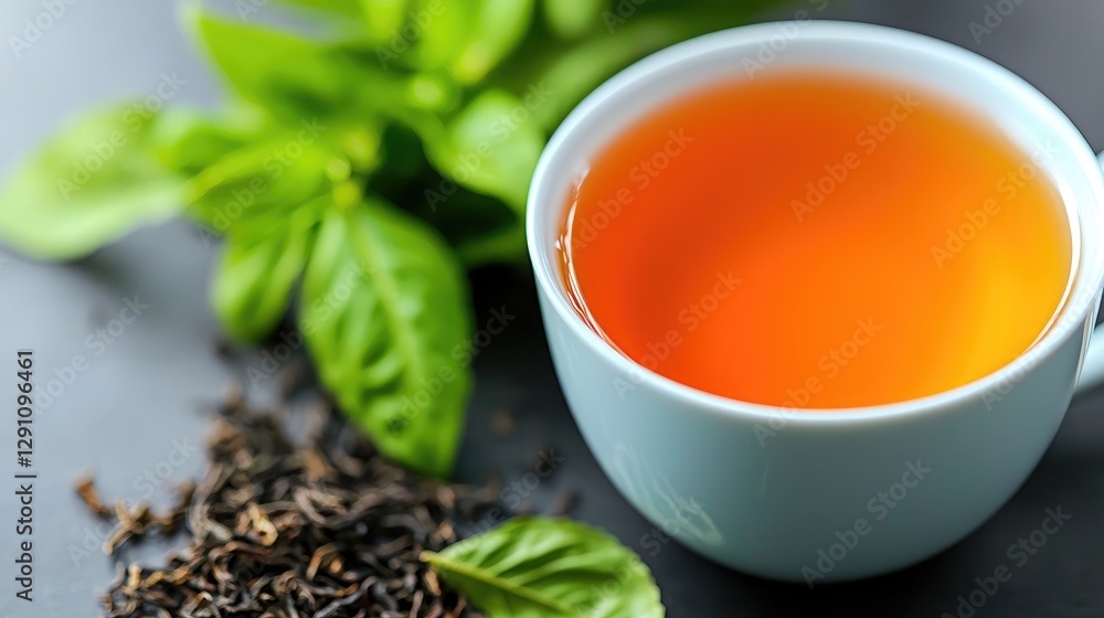 Cup of tea with fresh leaves on dark surface. Possible use Stock photo for tea shops, restaurants, or lifestyle blogs Cup of tea with fresh leaves on dark surface. Possible use Stock photo for tea shops, restaurants, or lifestyle blogs
