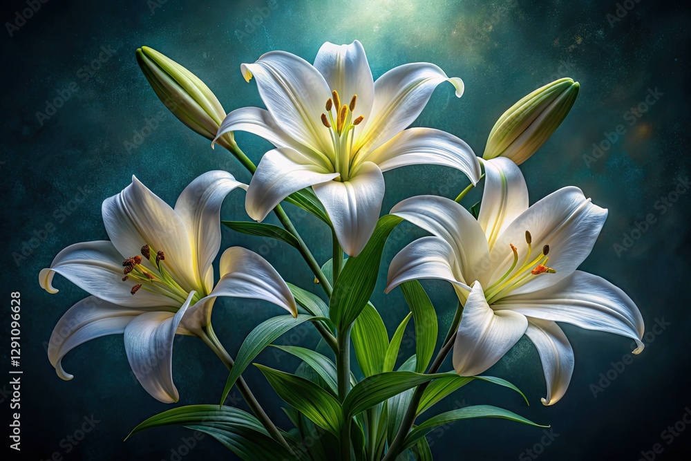 Elegant fashion shoot: three pristine white lilies, showcasing their full life cycle, in bloom. Elegant fashion shoot: three pristine white lilies, showcasing their full life cycle, in bloom.