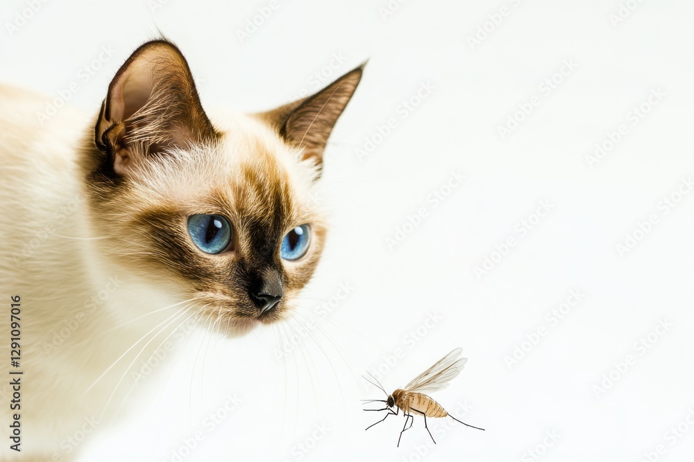 Curious cat observing a mosquito in a bright, isolated setting Curious cat observing a mosquito in a bright, isolated setting