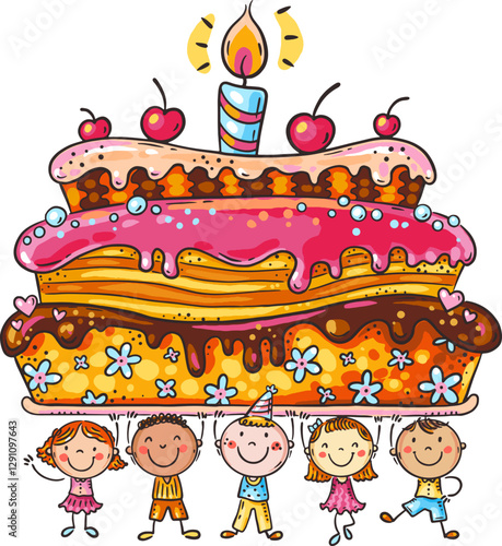 Birthday boy with friends holding big birthday cake. Happy cartoon kids. Colo...