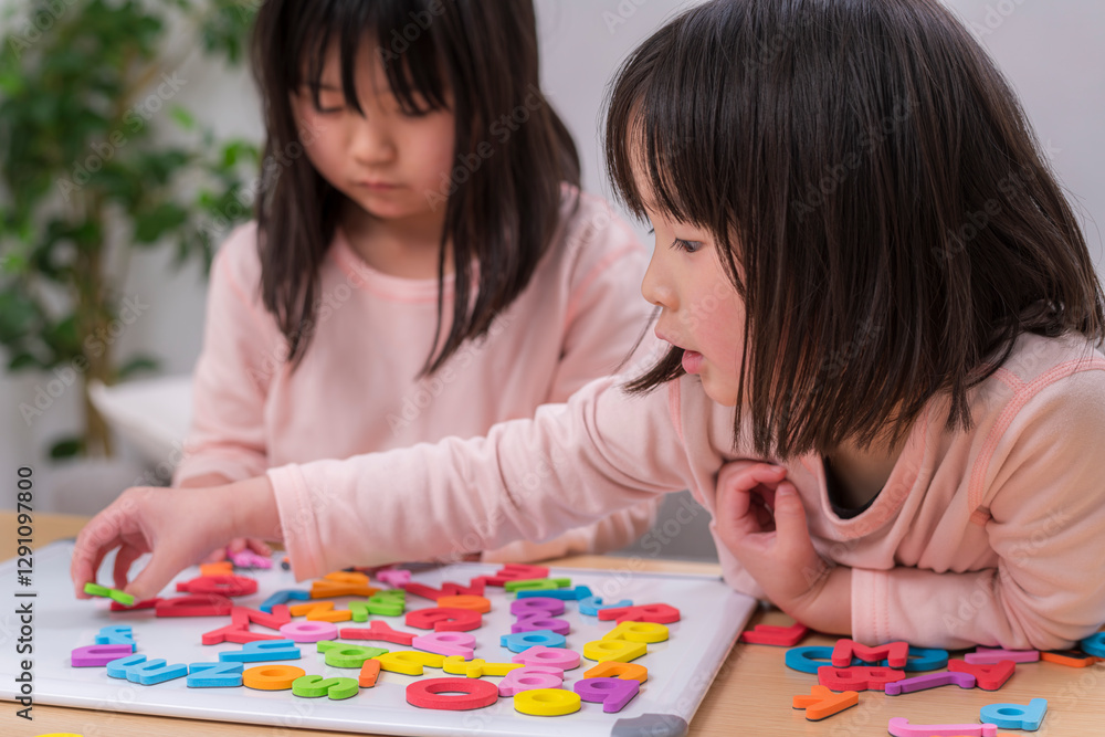英語の勉強に取り組む姉妹 英語の勉強に取り組む姉妹