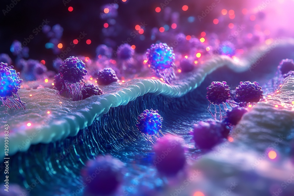 Fototapeta premium Vivid illustration of lipid bilayer dynamic glowing phospholipid molecule fluid mosaic model depiction cinematic light effect natural texture ultra detailed structure symmetrical alignment photo