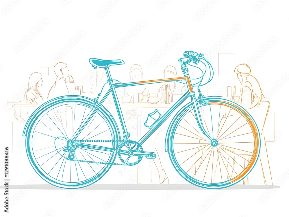 A minimalist illustration of a bicycle in a caf? setting with people engaged in conversation A minimalist illustration of a bicycle in a caf? setting with people engaged in conversation