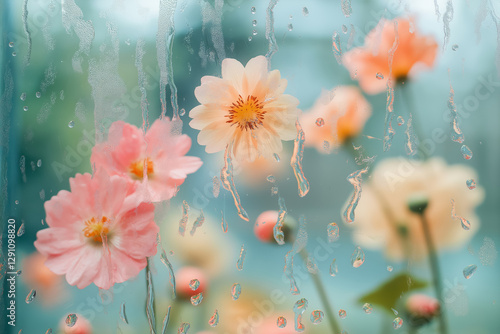 pastel flowers behind glass with spring vibes and water droplets, calm scene wallpaper