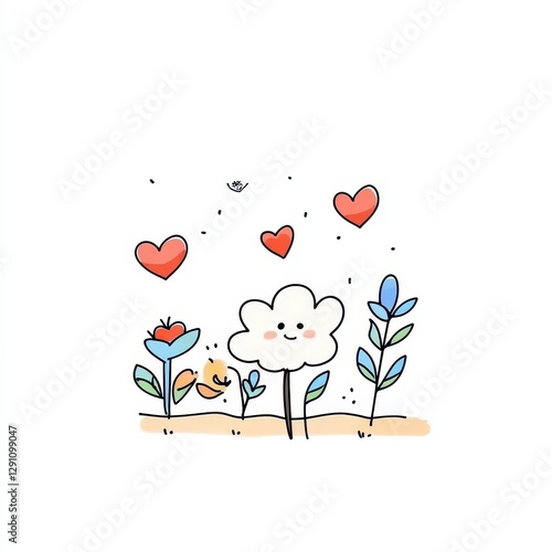 Whimsical Cartoon Cloud Tree With Colorful Flowers And Hearts