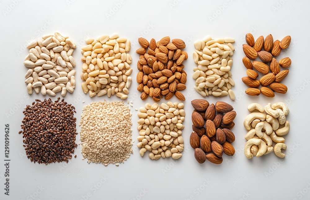 Assorted Variety of Nuts and Seeds Displayed on a Light Grey Background for Healthy Eating, Cooking, and Nutritional Concepts Assorted Variety of Nuts and Seeds Displayed on a Light Grey Background for Healthy Eating, Cooking, and Nutritional Concepts