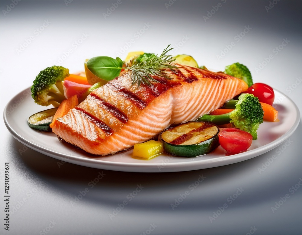 Fotografía de estudio profesional de salmón a la parrilla con vegetales, Fondo blanco, estilo ultrarrealista, realista, 4k Fotografía de estudio profesional de salmón a la parrilla con vegetales, Fondo blanco, estilo ultrarrealista, realista, 4k