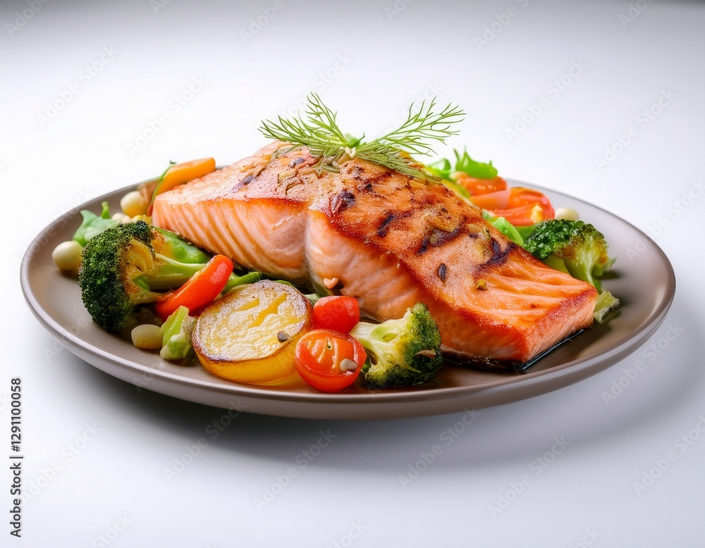 Fotografía de estudio profesional de salmón a la parrilla con vegetales, Fondo blanco, estilo ultrarrealista, realista, 4k Fotografía de estudio profesional de salmón a la parrilla con vegetales, Fondo blanco, estilo ultrarrealista, realista, 4k
