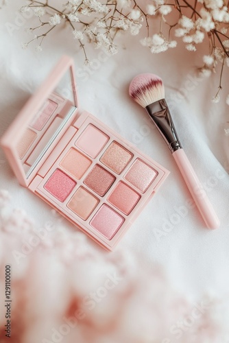 Pink makeup palette & brush, floral background photo