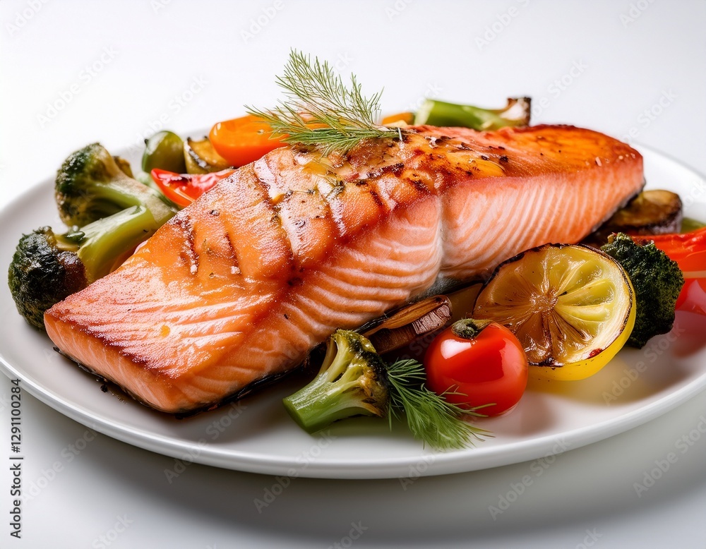 Fotografía de estudio profesional de salmón a la parrilla con vegetales, Fondo blanco, estilo ultrarrealista, realista, 4k Fotografía de estudio profesional de salmón a la parrilla con vegetales, Fondo blanco, estilo ultrarrealista, realista, 4k