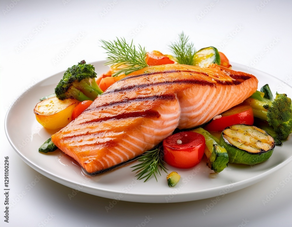 Fotografía de estudio profesional de salmón a la parrilla con vegetales, Fondo blanco, estilo ultrarrealista, realista, 4k Fotografía de estudio profesional de salmón a la parrilla con vegetales, Fondo blanco, estilo ultrarrealista, realista, 4k