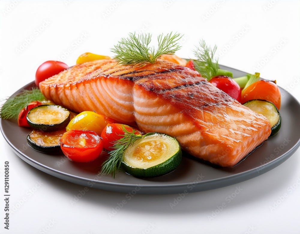 Fotografía de estudio profesional de salmón a la parrilla con vegetales, Fondo blanco, estilo ultrarrealista, realista, 4k Fotografía de estudio profesional de salmón a la parrilla con vegetales, Fondo blanco, estilo ultrarrealista, realista, 4k